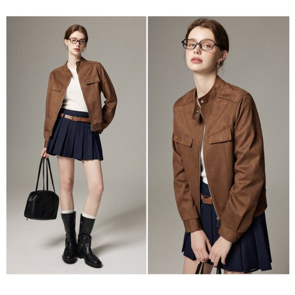 Brown Preppy Faux Suede Short Jacket - Picture 3 of 11